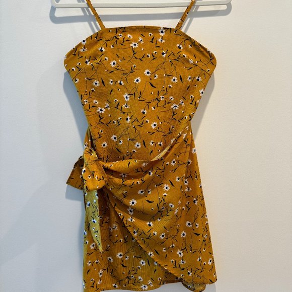 Mustard Yellow Floral Wrap Dress - Picture 1 of 5